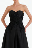Black Strapless Appliqued A Line Formal Dress