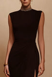 Black High Neck Beaded Formal Dress with Slit