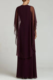 Burgundy Round Neck Long Formal Dress with Shawl