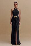 Halter Ruched Long Black Tie Dress with Slit