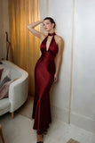 Burgundy Halter Satin Long Formal Dress