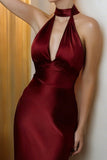 Burgundy Halter Satin Long Formal Dress