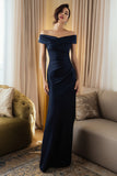 Off the Shoulder Navy Satin Long Formal Dress