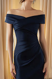 Off the Shoulder Navy Satin Long Formal Dress