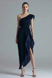 One Shoulder Black and Navy Ruffled Formal Dress