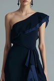 One Shoulder Black and Navy Ruffled Formal Dress