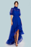 High Neck Ruffled High Low Royal Blue Formal Dress