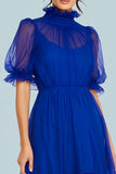 High Neck Ruffled High Low Royal Blue Formal Dress