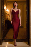 Burgundy Halter Satin Midi Formal Dress
