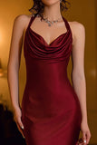 Burgundy Halter Satin Midi Formal Dress