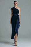 One Shoulder Black and Navy Formal Dress with Ruffles