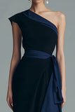 One Shoulder Black and Navy Formal Dress with Ruffles