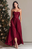 Burgundy A Line Strapless Satin Formal Dress with Pockets