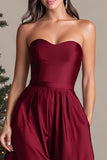 Burgundy A Line Strapless Satin Formal Dress with Pockets