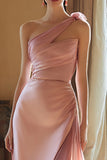 Pink One Shoulder Ruched Satin Formal Dress