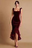 Velvet Burgundy Mermaid Formal Dress with Ruffles