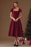 Burgundy A Line Square Neck Midi Formal Dress