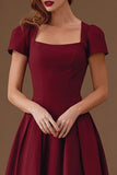 Burgundy A Line Square Neck Midi Formal Dress