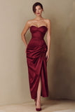 Burgundy Strapless Ruched Satin Formal Dress