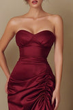 Burgundy Strapless Ruched Satin Formal Dress