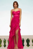 High Low Fuchsia Ruffled Long Formal Dress