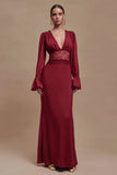 Long Sleeve Burgundy V Neck Lace Formal Dress