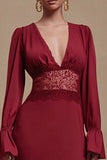Long Sleeve Burgundy V Neck Lace Formal Dress