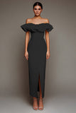 Off the Shoulder Black Ruffled Formal Dress with Slit