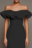 Off the Shoulder Black Ruffled Formal Dress with Slit