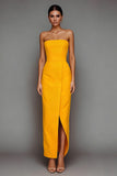 Yellow Strapless Sheath Long Formal Dress with Slit