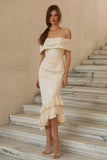 Mermaid Ivory Off the Shoulder Midi Engagement Dress With Ruffles