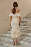 Mermaid Ivory Off the Shoulder Midi Engagement Dress With Ruffles