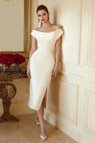 Off the Shoulder Sheath Ivory Midi Formal Dress With Slit