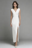White V-Neck Sheath Long Registry Office Wedding Dress With Slit