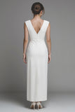 White V-Neck Sheath Long Registry Office Wedding Dress With Slit