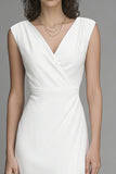 White V-Neck Sheath Long Registry Office Wedding Dress With Slit
