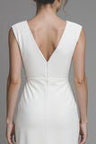 White V-Neck Sheath Long Registry Office Wedding Dress With Slit
