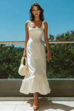 Satin A Line Ivory Square Neck Engagement Dress With Ruffles