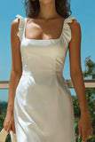 Satin A Line Ivory Square Neck Engagement Dress With Ruffles