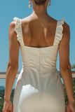 Satin A Line Ivory Square Neck Engagement Dress With Ruffles