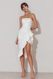 Strapless Asymmetrical Little White Dress With Ruffles