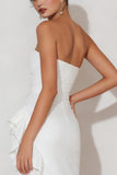 Strapless Asymmetrical Little White Dress With Ruffles
