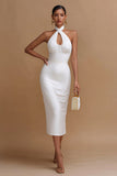White Halter Satin Midi Engagement Dress