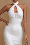 White Halter Satin Midi Engagement Dress