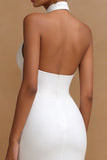 White Halter Satin Midi Engagement Dress