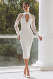 Halter Bodycon White Midi Engagement Dress With Long Sleeves