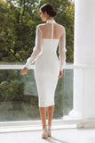 Halter Bodycon White Midi Engagement Dress With Long Sleeves