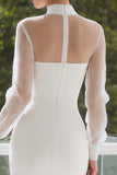 Halter Bodycon White Midi Engagement Dress With Long Sleeves
