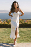 Satin White Sheath Engagement Dress With Slit