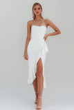 White Strapless Ruffle Sheath Midi Engagement Dress With Slit